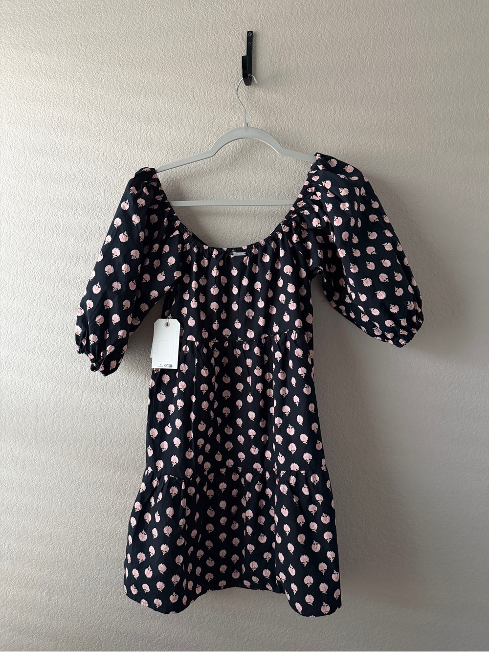 Billabong Black Puff Sleeve Mini Dress with Pink Floral Dots